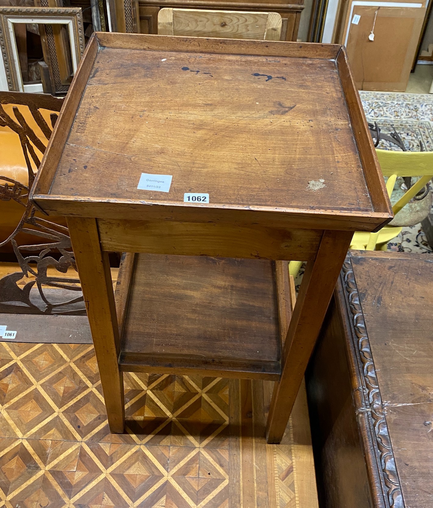 A provincial fruitwood square two tier table, 42cm, height 72cm